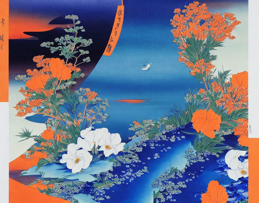 Japanese Woodblock Print: Orange and White Flowers, River Boats, Mountain, Blue Sky