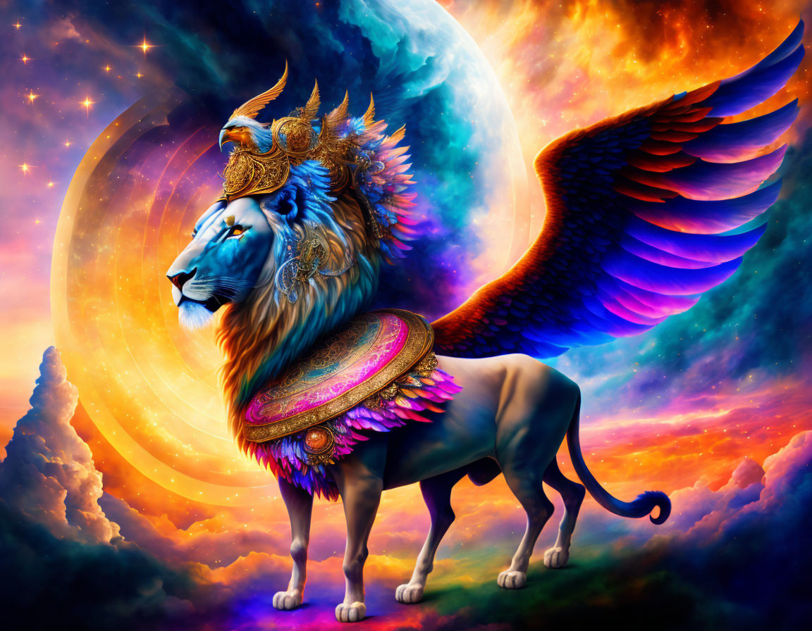 Majestic winged lion in ornate armor under celestial sky