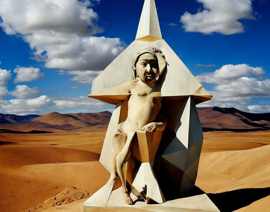 Child Sculpture with Geometric Shapes in Sand Dunes Landscape