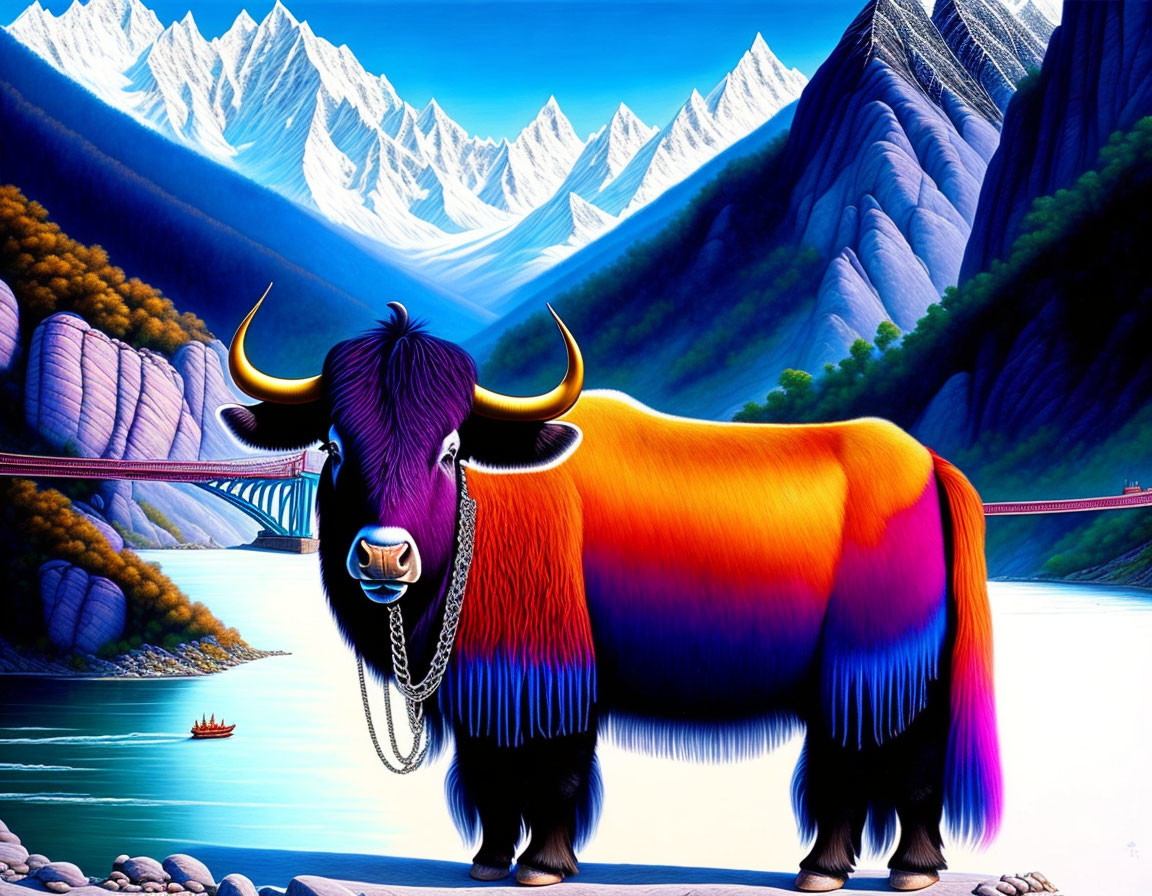 Colorful Yak in Mountain Landscape with River and Bridge