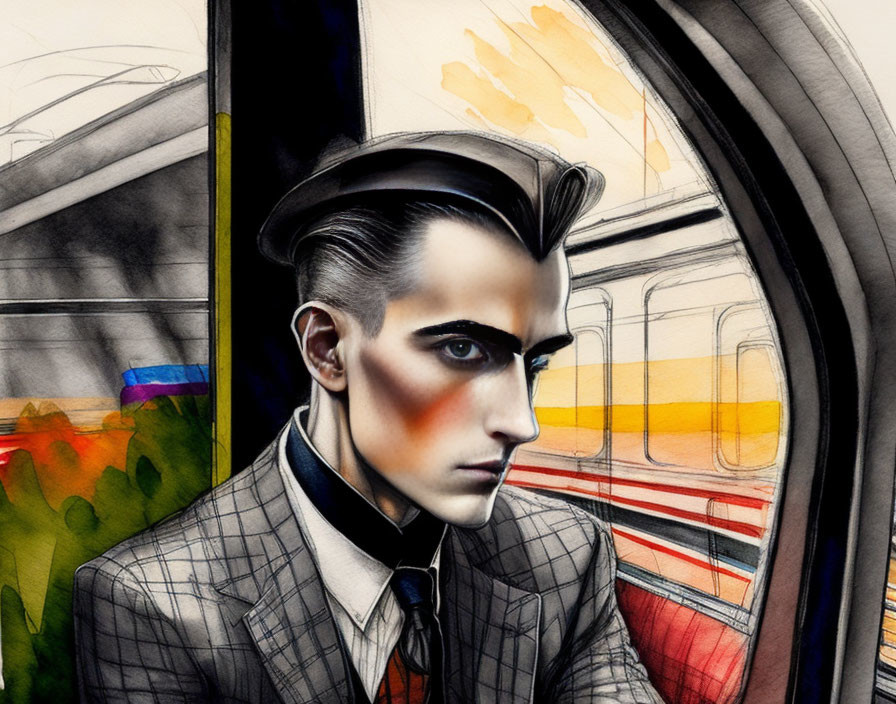 Stylized man in classic suit with train and abstract backdrop