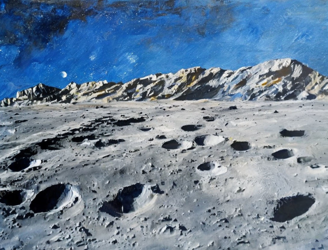 Moon's cratered surface with Earth and mountain range in the background