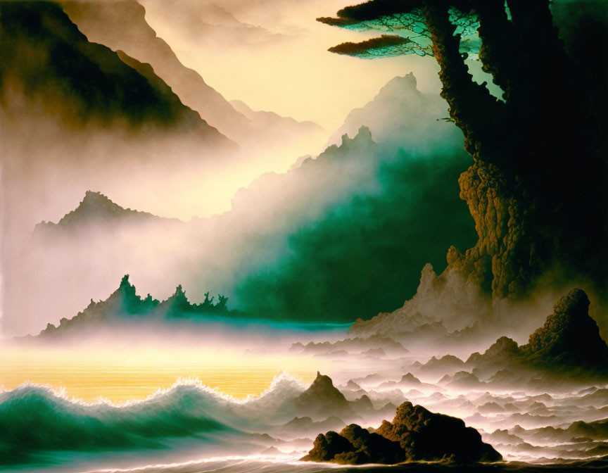 Misty mountains and luminous sea in serene landscape