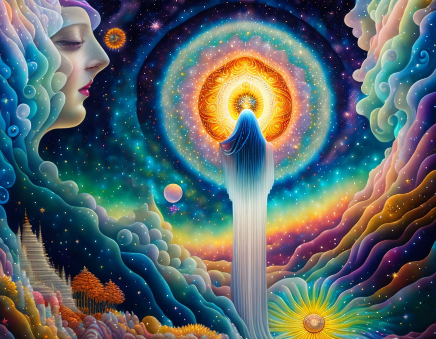 Psychedelic illustration of robed figure and celestial portal