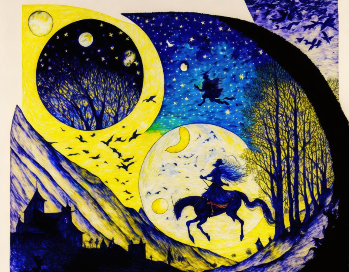 Contrasting scene with yellow crescent, bright sky, blue night, stars, horse rider, flying