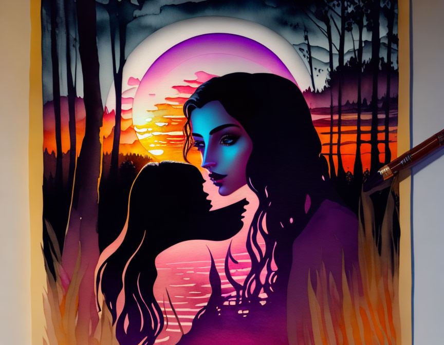 Colorful painting of silhouetted faces in sunset scenery