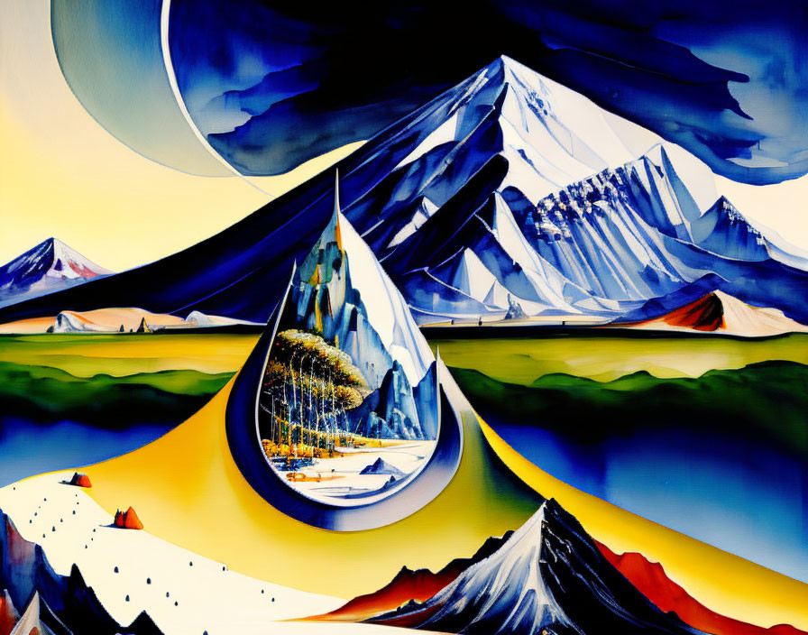 Surreal landscape painting with distorted mountains & vibrant colors