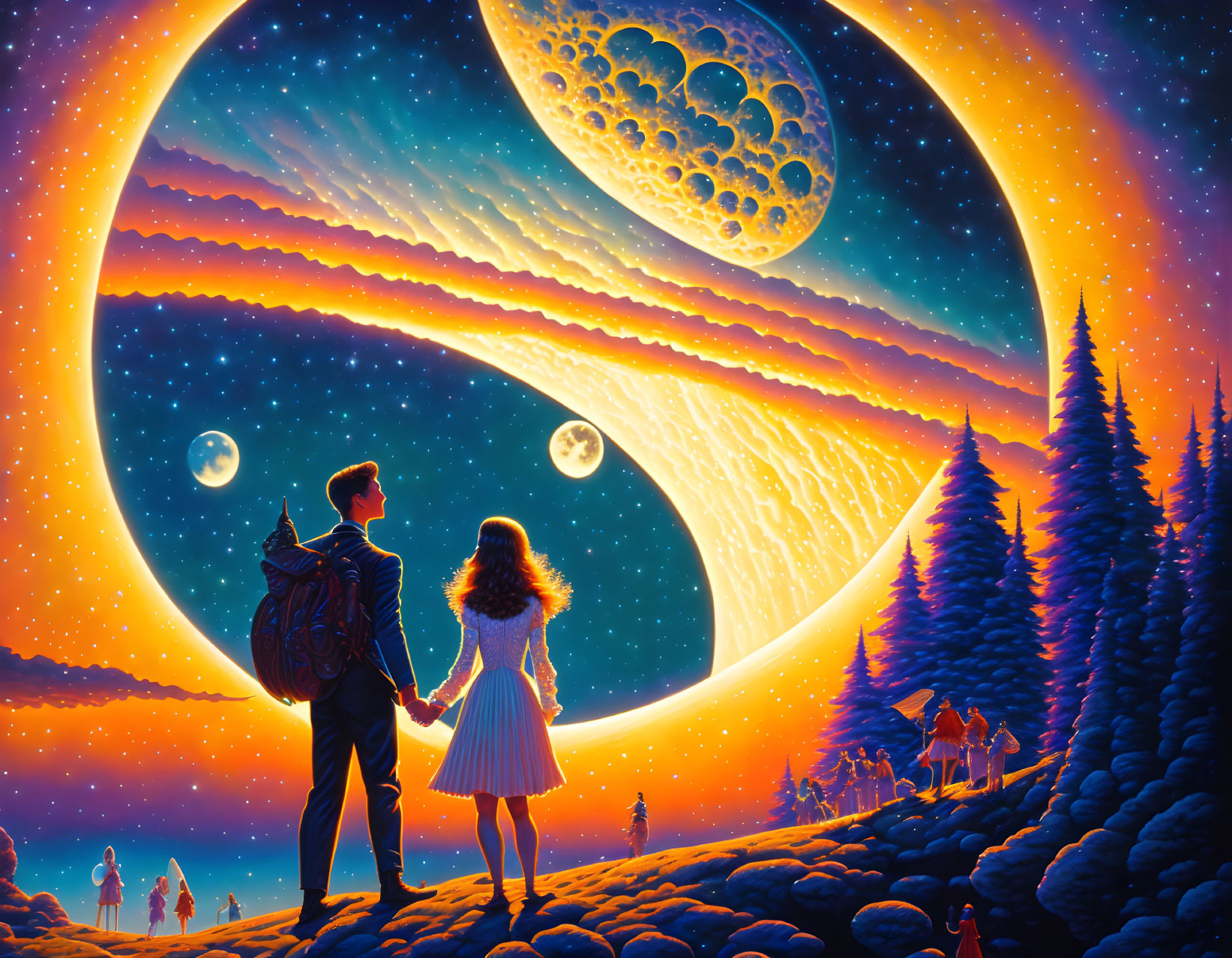 Couple holding hands under vibrant celestial sky with multiple moons over surreal landscape.