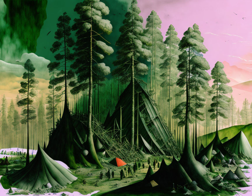 Vibrant surreal forest landscape with conical structures and pink sky