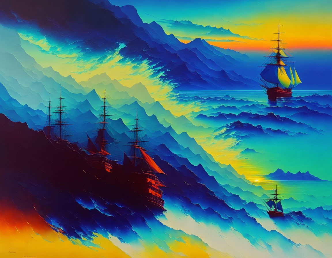 Colorful painting of three sailing ships on rolling waves under blue-orange sky