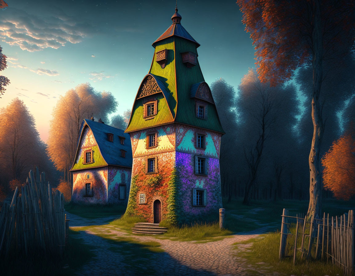 Whimsical Fantasy Houses Surrounded by Trees at Dusk