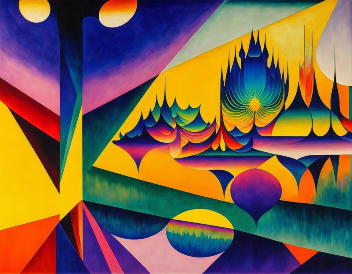 Vibrant Abstract Painting with Geometric and Curvilinear Shapes