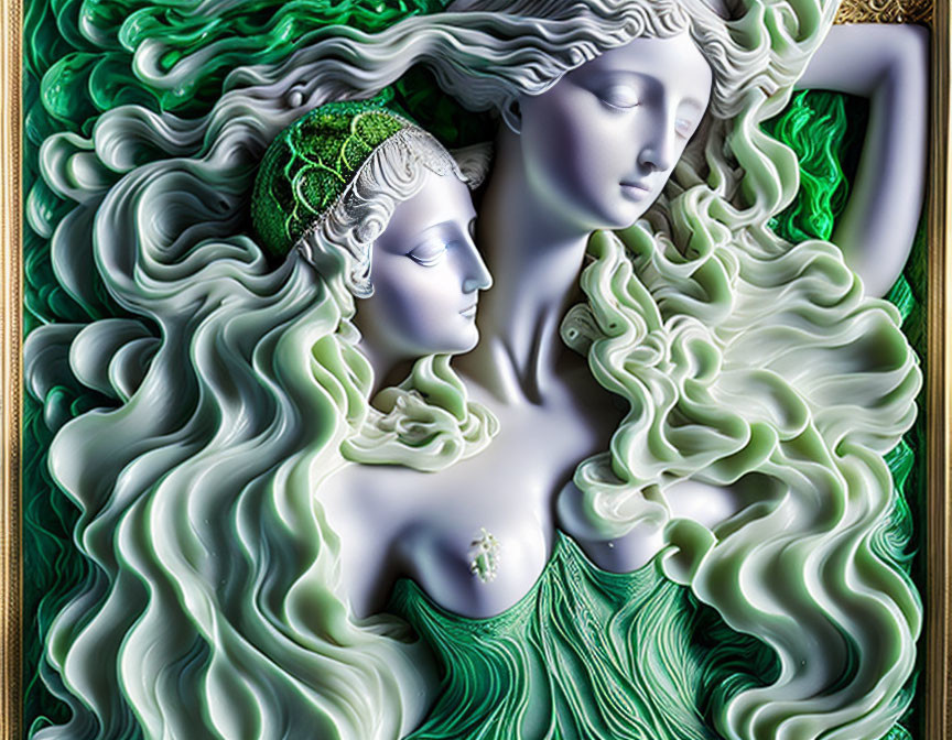 Ethereal artwork of two entwined female figures with green and white hair