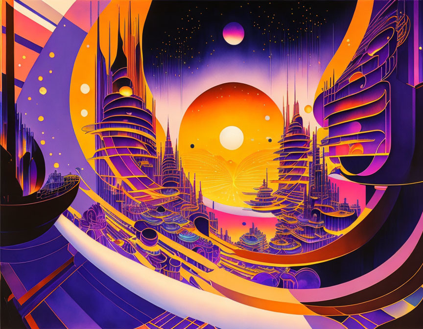 Colorful retro-futuristic cosmic cityscape with sun, planets, and stars