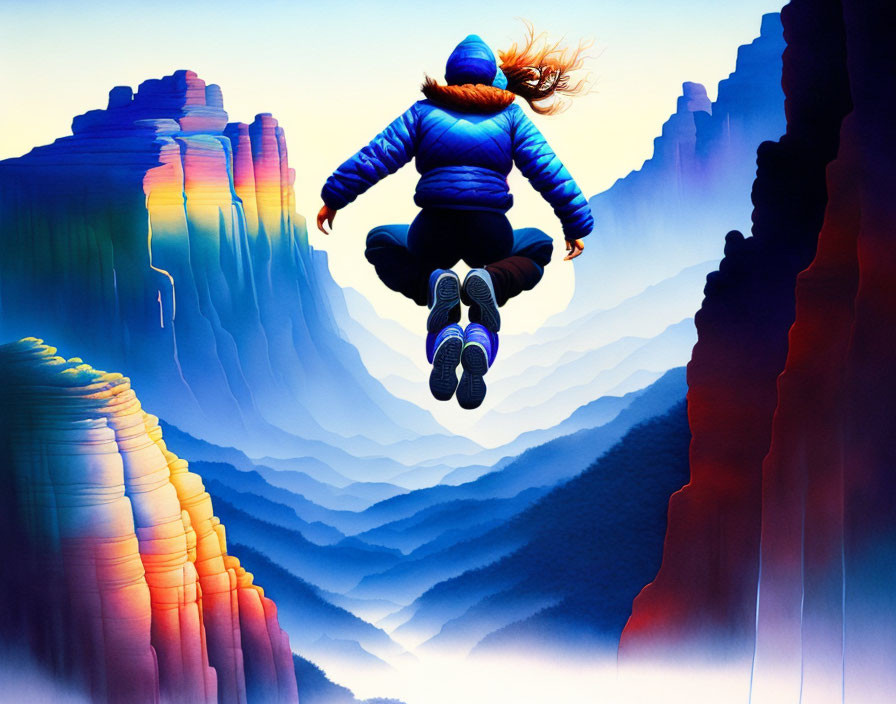 Person in Blue Jacket Levitating over Colorful Canyon