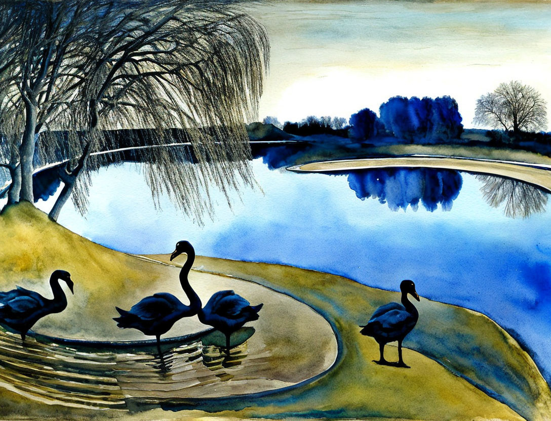 Tranquil watercolor: Swans on twilight lake with trees, day to night.