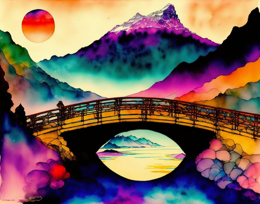 Colorful Watercolor Painting of Landscape with Bridge, Mountains, and Flowers