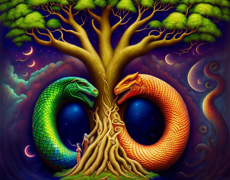 Colorful artwork: intertwined green and orange serpents around a tree under a cosmic sky