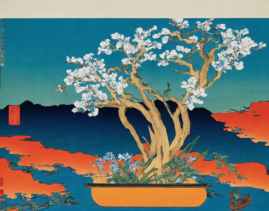 Traditional Japanese Woodblock Print of Blooming Bonsai Tree