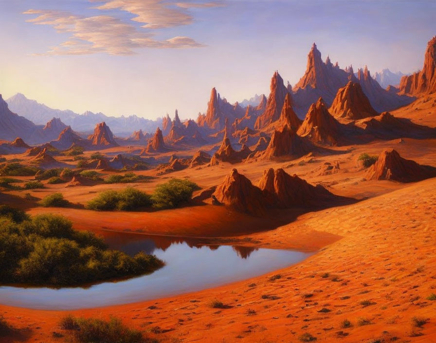 Tranquil desert oasis with water body, lush greenery, sandstone formations under warm sky