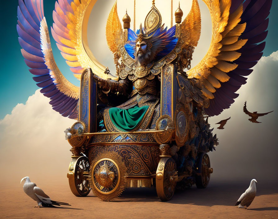 Colorful Mythical Bird Creature on Ornate Chariot in Desert Setting