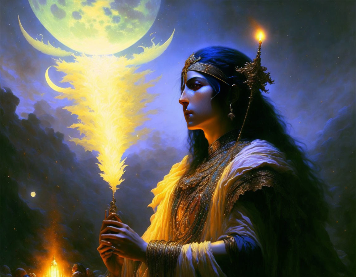 Blue-skinned woman in regal attire under green moon with glowing staff