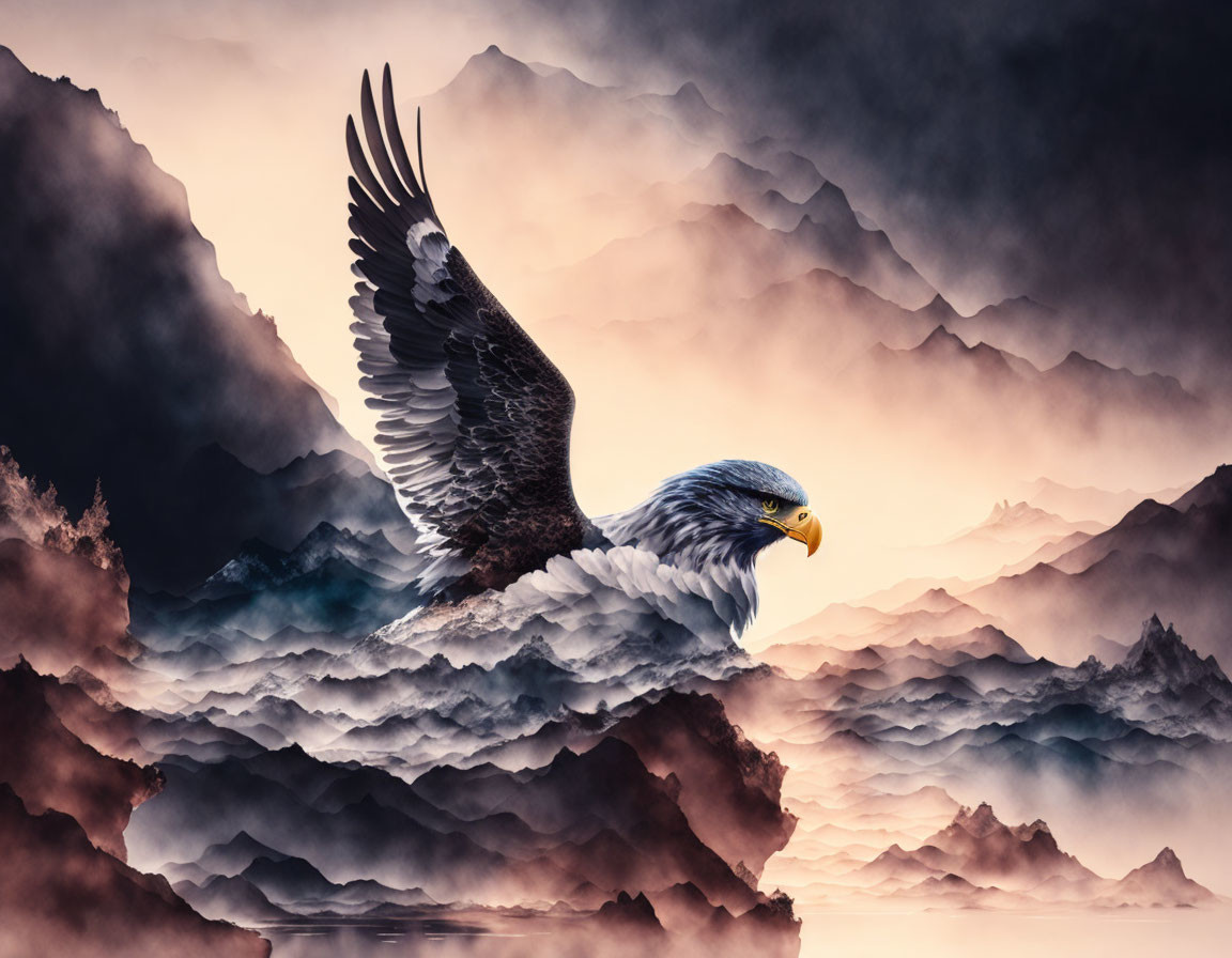 Majestic bald eagle soaring over misty mountains