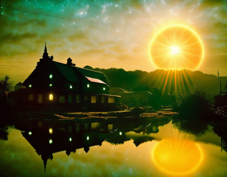 Traditional building and sunset reflecting on water under starry sky