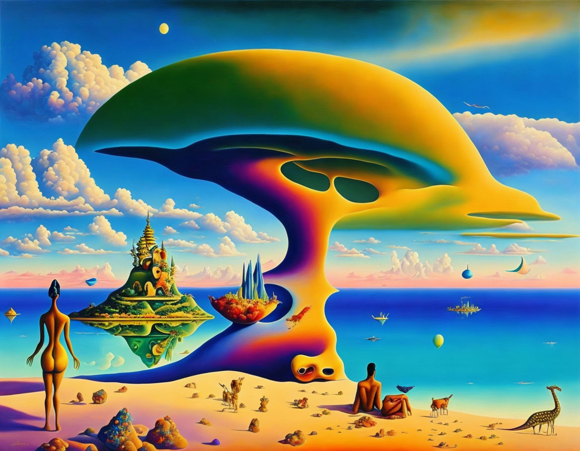 Vibrant surrealistic painting: mushroom structure, exotic creatures, serene sea, human figure