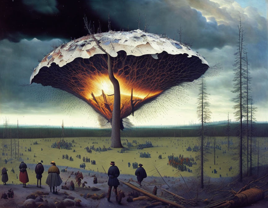 Surreal painting of figures and mushroom tree under twilight sky