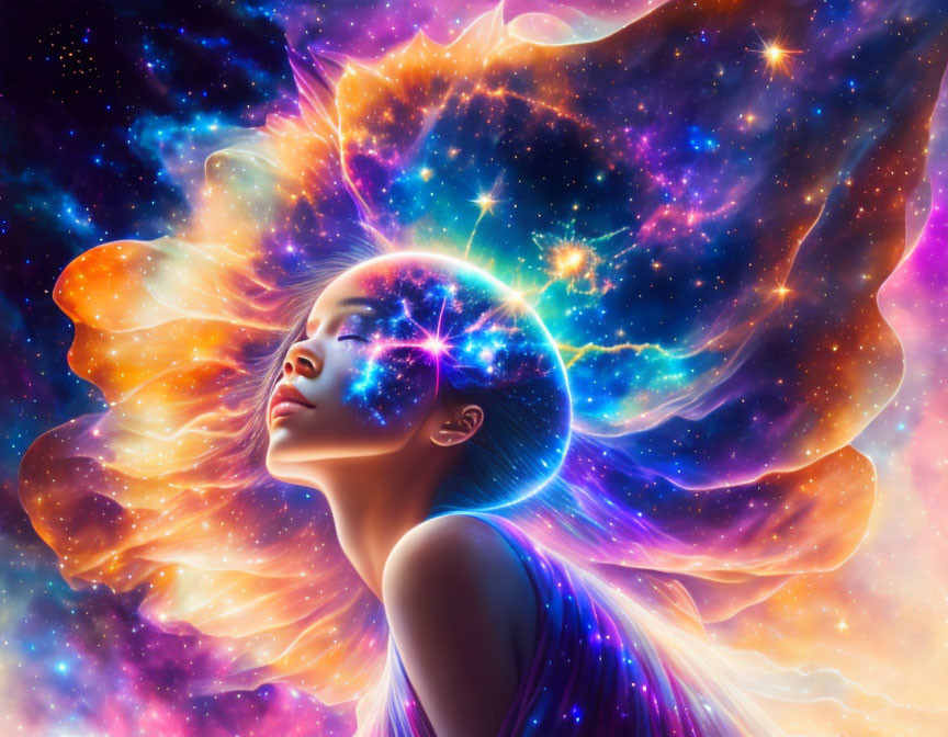 Surreal portrait of woman with luminous halo and cosmic backdrop