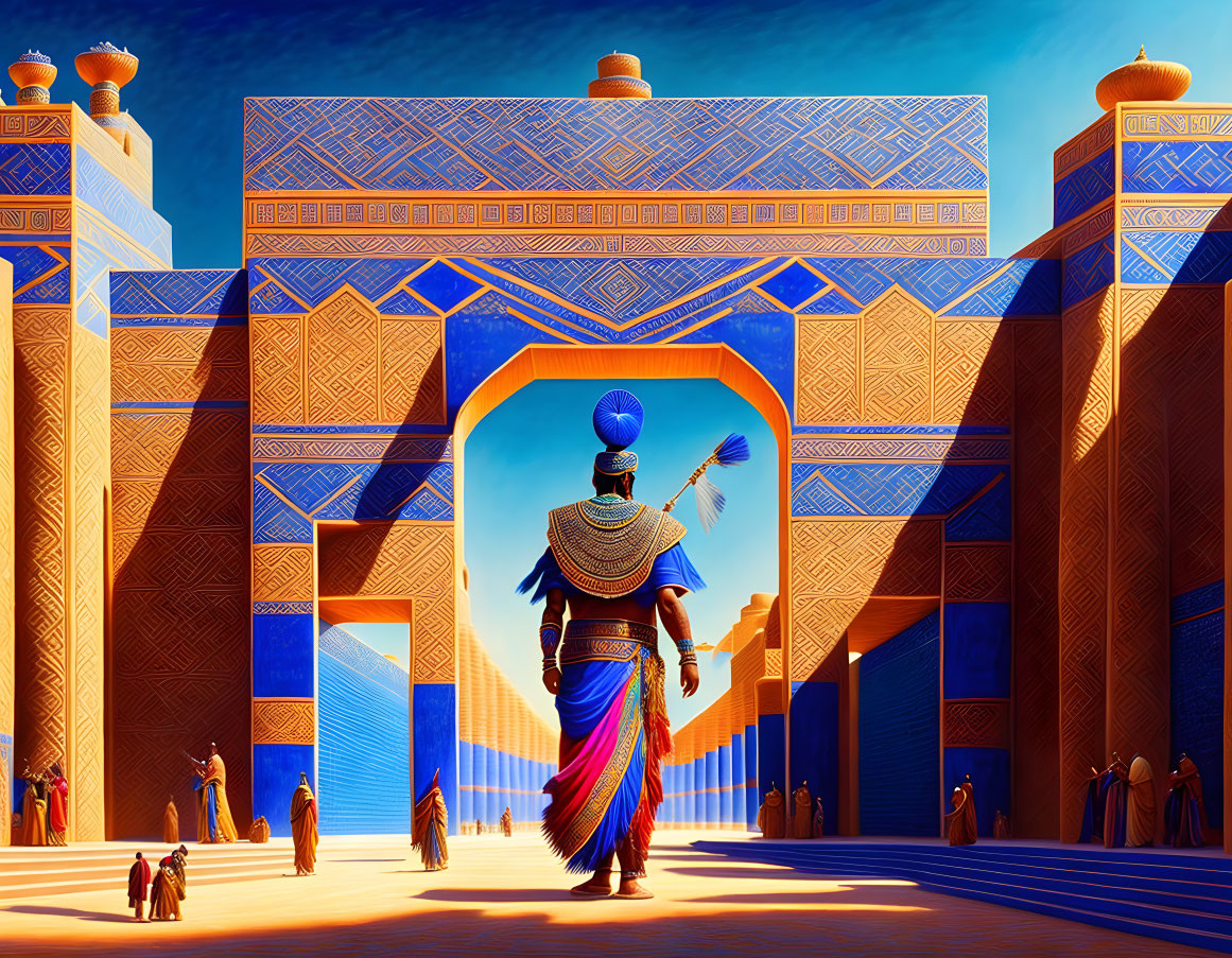 Person in ornate garb at vibrant, geometric archway in ancient cityscape