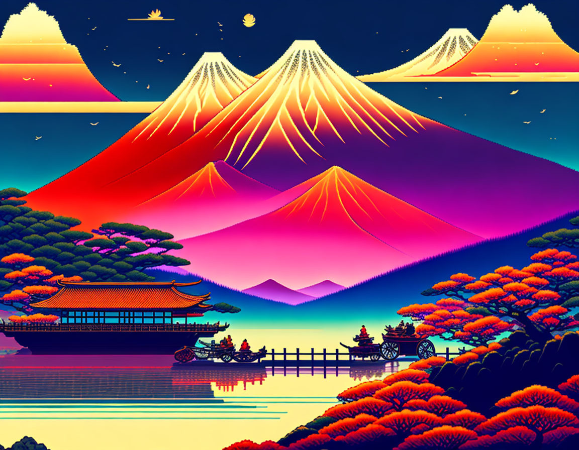 Colorful artwork: Mount Fuji, pagoda, autumn trees, lake, bridge with figures.