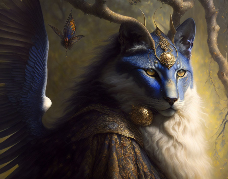 Blue anthropomorphic cat in golden armor in mystical forest.