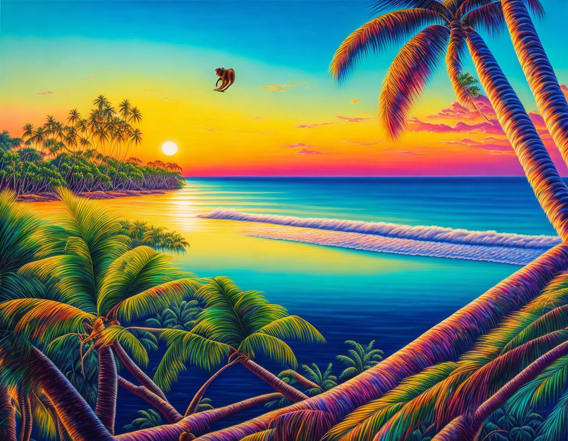 Tropical beach sunset with palm trees, calm ocean, colorful sky, and flying bird