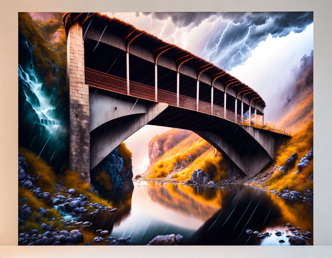 Bridge over river with lightning storm - vibrant orange and blue tones