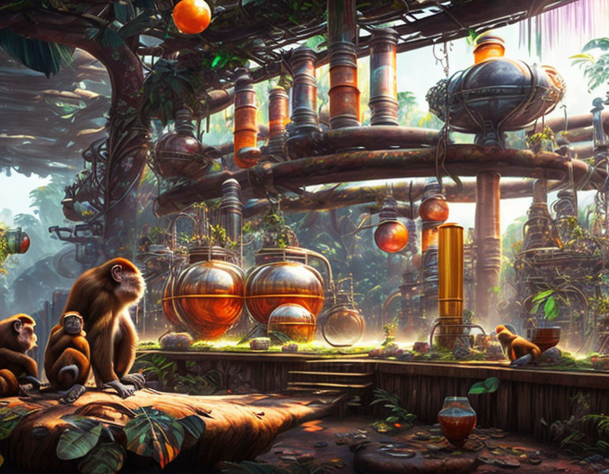 Monkeys and steampunk distillery in lush jungle.