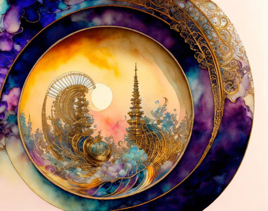 Colorful fantasy landscape with ornate towers and spheres in concentric circles.