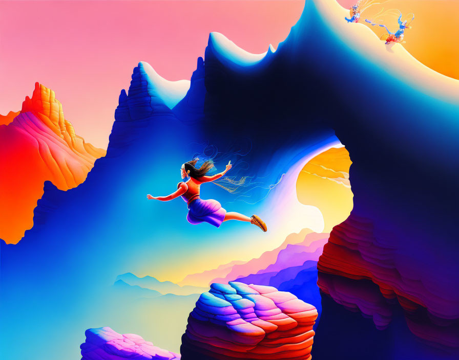 Woman leaping in surreal mountain landscape under gradient sky