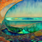 Colorful surreal artwork: ship on wave-like sphere in vibrant, patterned sea-sky setting