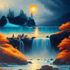 Scenic artwork: cascading waterfall, fiery foliage, serene sunset