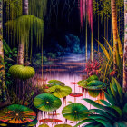 Lush jungle landscape with lily pads, exotic plants, vines, and waterfall