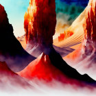 Vibrant illustration of fiery red mountain peaks and colorful clouds