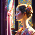 Illustrated woman with intricate hairstyle near flower-adorned window under sunlight.