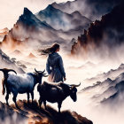 Woman with two goats on misty mountain terrain & distant peaks.