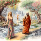 Colorful illustration: Monk and ethereal women in mythical garden