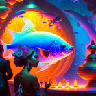 Fantasy art illustration of woman with glowing fish and ornate lamps