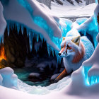 Red fox near icy cave with blueish hue, firelight in snowy landscape