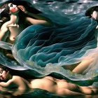 Three ethereal women in flowing dresses submerged in dark water