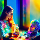 Colorful Illustration: Two People at Desk with Writing and Sleeping Figure in Rainbow Light